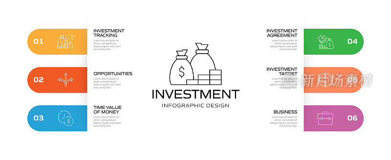 投资相关流程信息图模板。过程时间图。使用线性图标的工作流布局