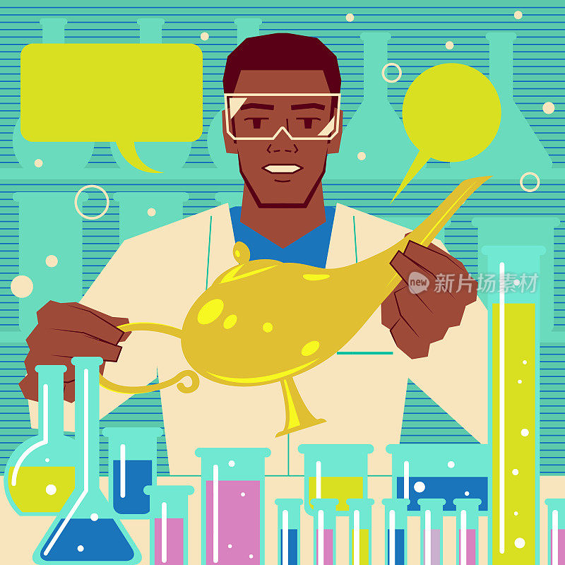 一个年轻帅气的非裔美国科学家(医生、生物化学家)展示一盏神灯并做科学实验(医学研究)