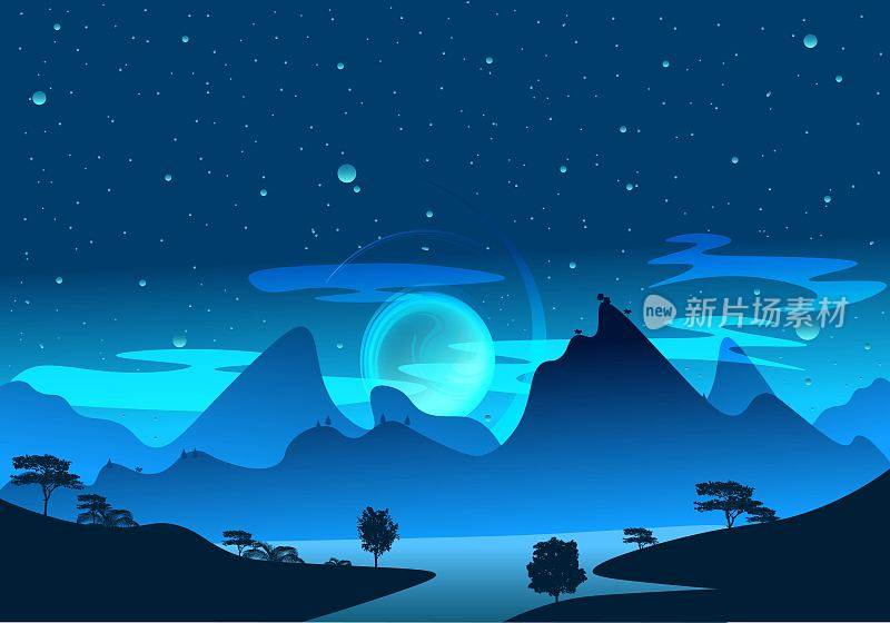 神奇的蓝色和光艺术自然景观插图在早晨的一个山湖。幻想日出和繁星满天的雾霭、薄雾和阴影。