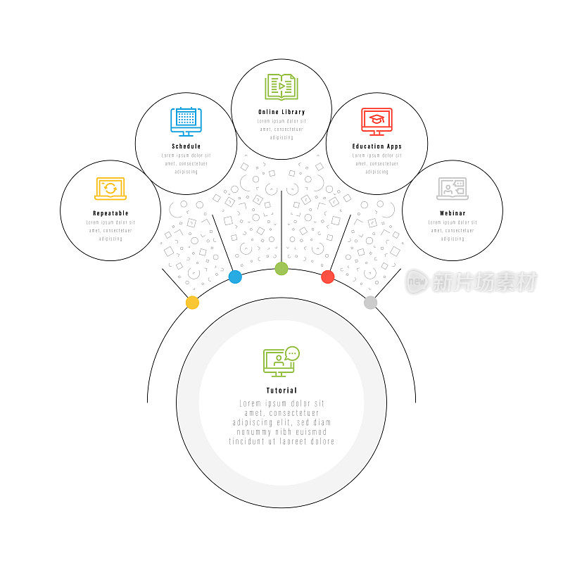 信息图表设计模板。可重复，时间表，在线图书馆，教育应用程序，网络研讨会，教程图标6个选项或步骤。