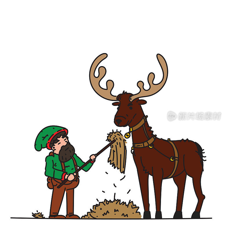 圣诞精灵从圣诞老人的雪橇上喂驯鹿。