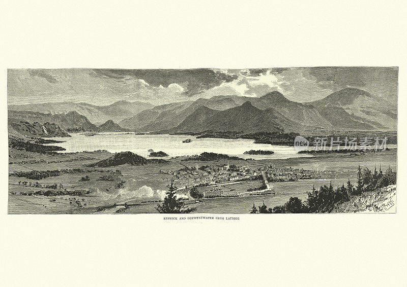 从19世纪的拉特里格英格兰湖区看到Keswick和Derwent水