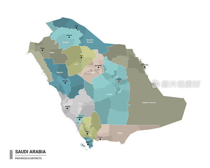 沙特阿拉伯的详细地图与细分。行政地图的沙特阿拉伯与地区和城市的名称，彩色的国家和行政区域。矢量插图。