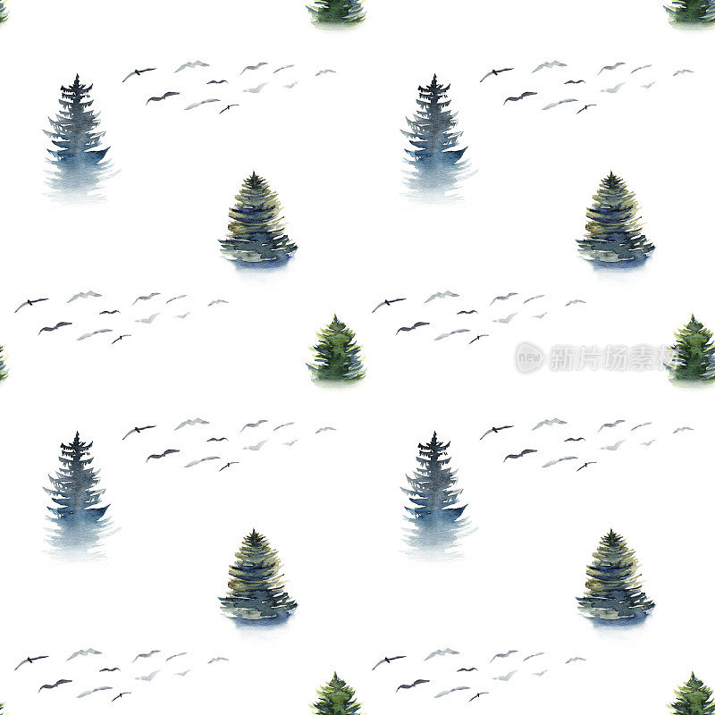 无缝模式与水彩雾蒙蒙的松树和鸟群，手绘在白色的背景