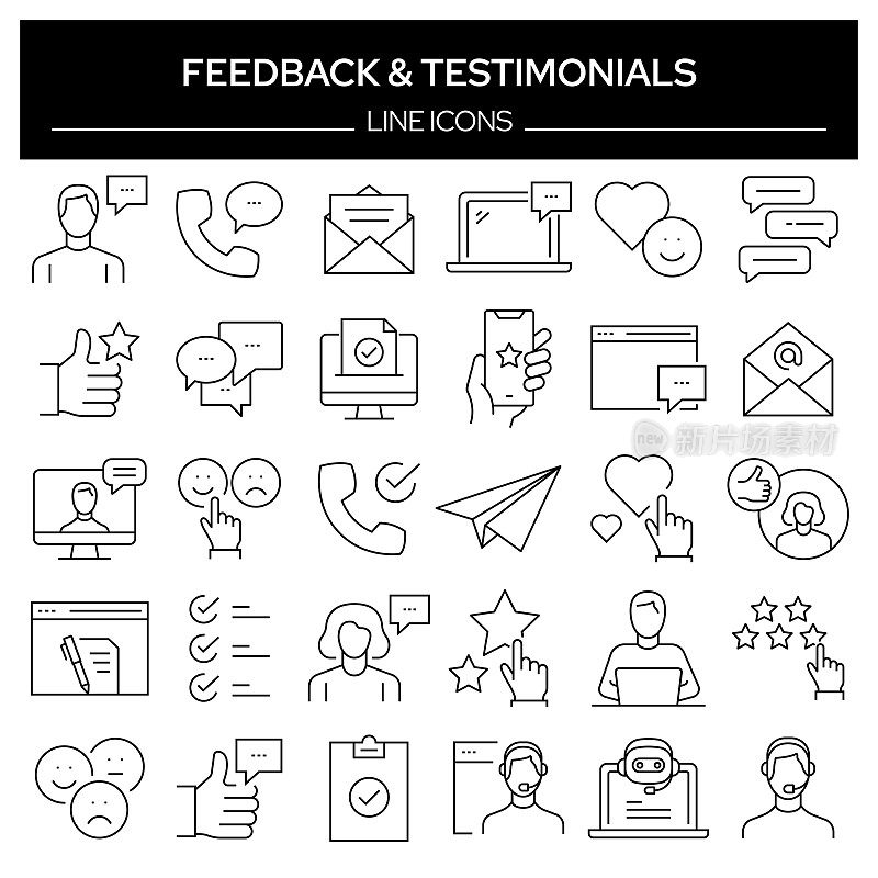 一套反馈和奖状相关的线图标。轮廓符号集合，可编辑的描边