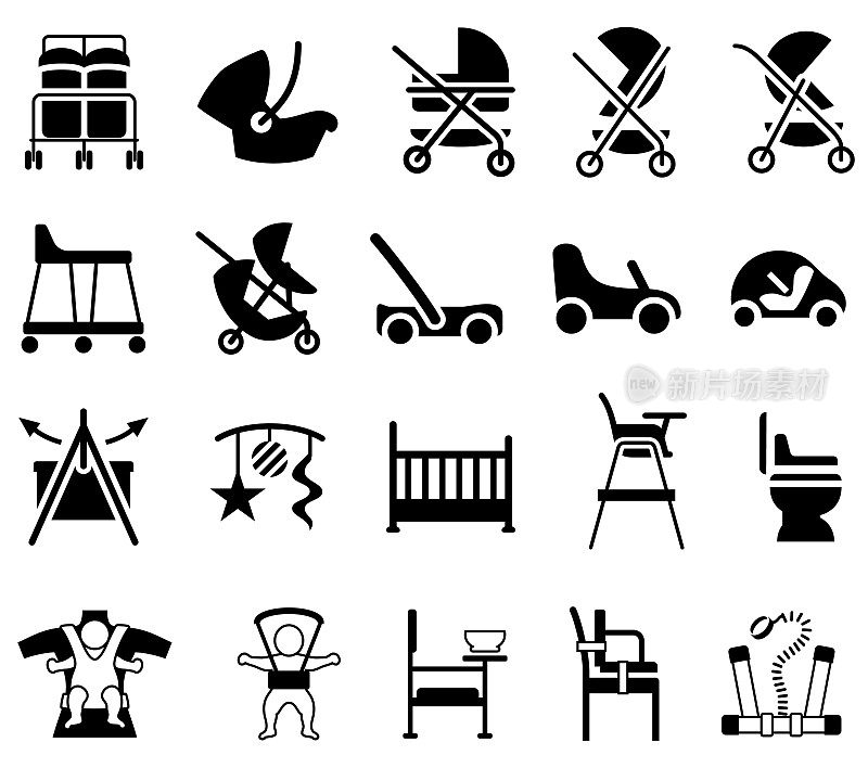 婴儿产品图标。婴儿车，婴儿车，背带，步行者和座椅。