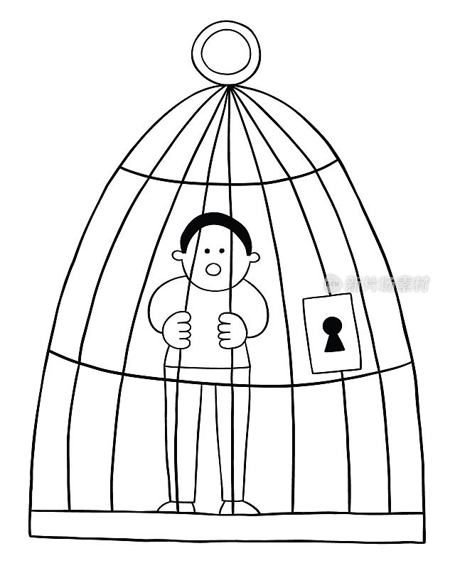 卡通人被困在笼子里，矢量插图