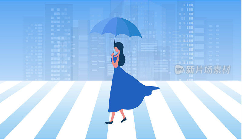 女人拿着伞和走在街上的城市建筑矢量插图