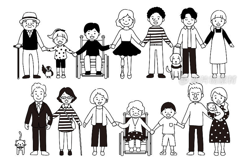 单色插图的假肢，轮椅，视力受损，听力受损，不同种族和年龄的人
