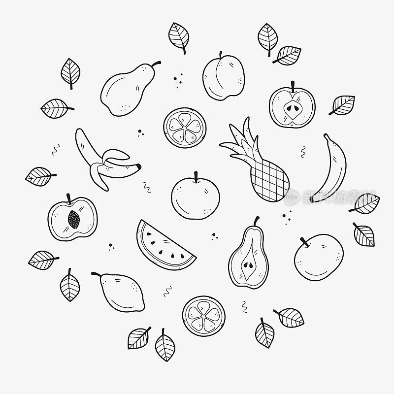 手绘水果集。在白色背景上涂鸦风格的素描。这套套装包括苹果、梨、桃子、菠萝、杏、西瓜、柠檬、橘子、香蕉等图标。矢量插图。