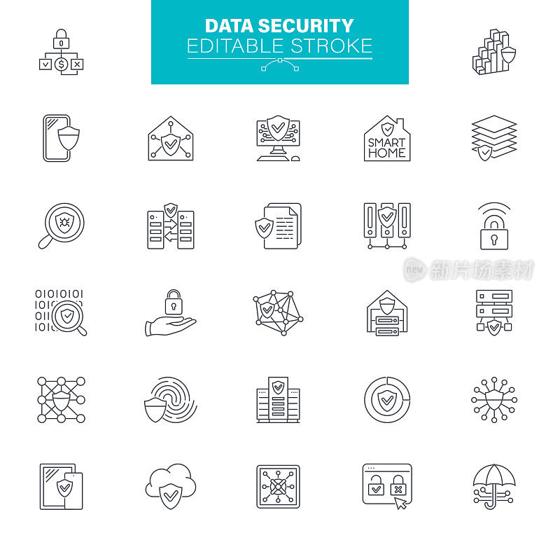 数据安全图标,可编辑Stroke。包含诸如网络安全,计算机犯罪,防火墙,无线技术等图标