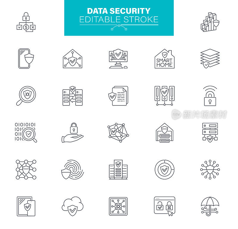 数据安全图标，可编辑Stroke。包含诸如网络安全，计算机犯罪，防火墙，无线技术等图标