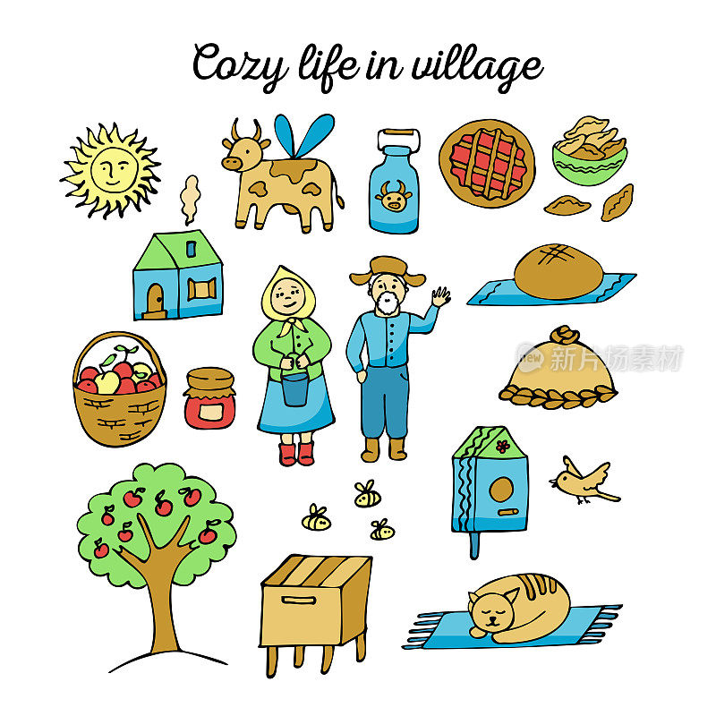 农场和村庄里的生活很幸福。集合的18个涂鸦元素。一所房子，一棵苹果树，一个蜂房，新鲜面包和一篮子苹果。矢量彩色涂鸦图标。