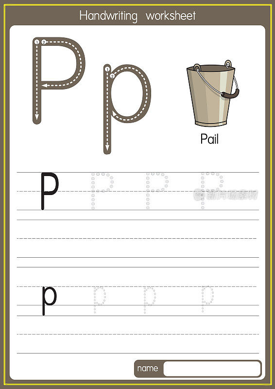 矢量插图桶与字母P大写字母或大写字母，供儿童学习练习ABC