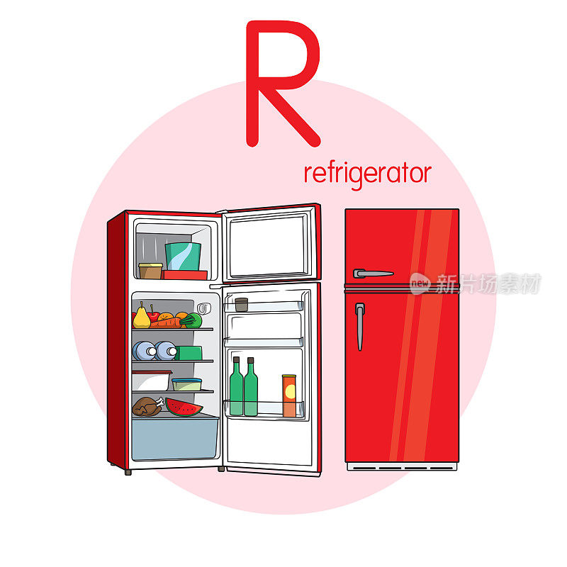 冰箱矢量图，字母R大写字母或大写字母，供儿童学习练习ABC