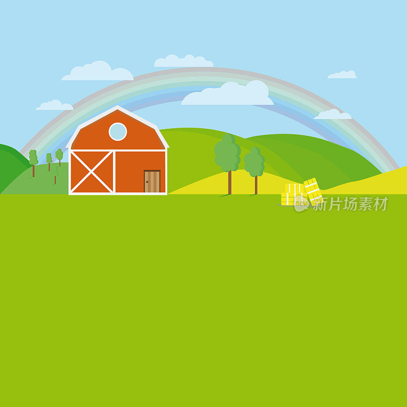 平坦的农场，有树，草地，天空和彩云和彩虹