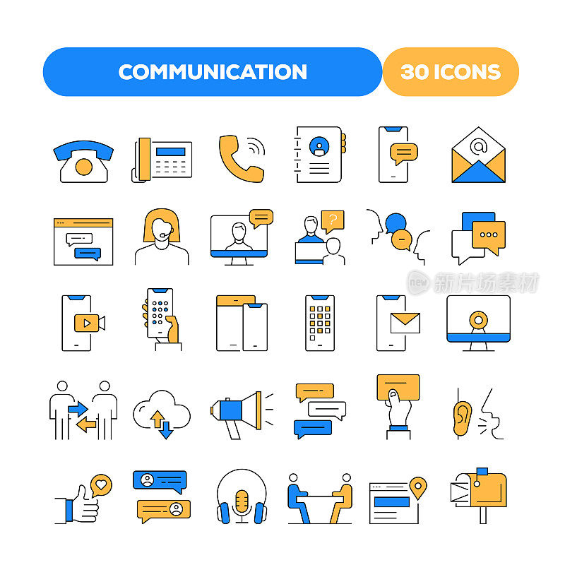 一组通信相关的平面线图标。大纲符号集合