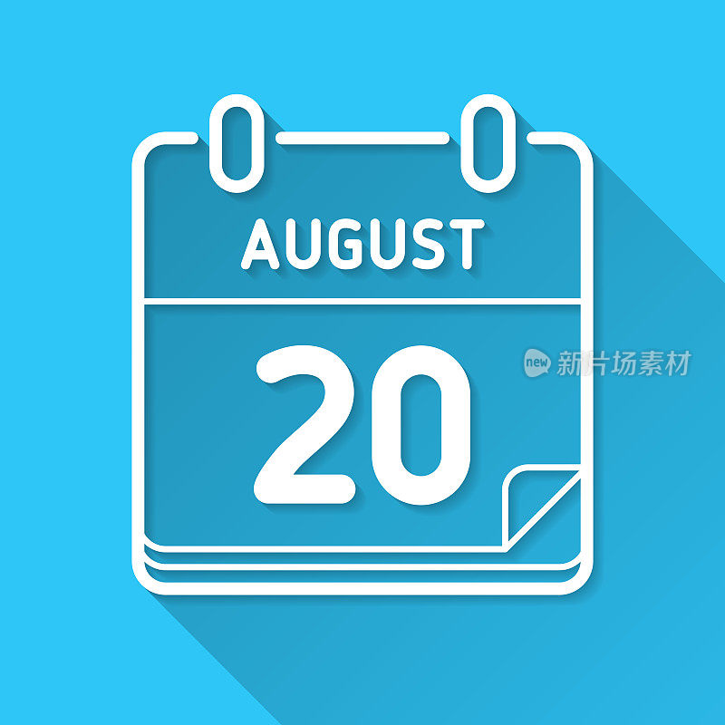 8月20日。图标在蓝色背景-平面设计与长阴影
