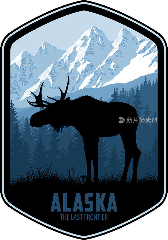 阿拉斯加矢量标签与驼鹿公牛和山区林地森林