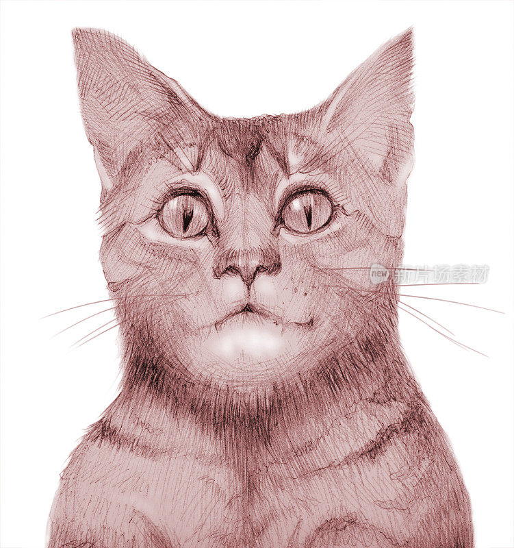 插图垂直绘图与铅笔在深褐色的肖像猫在白纸背景