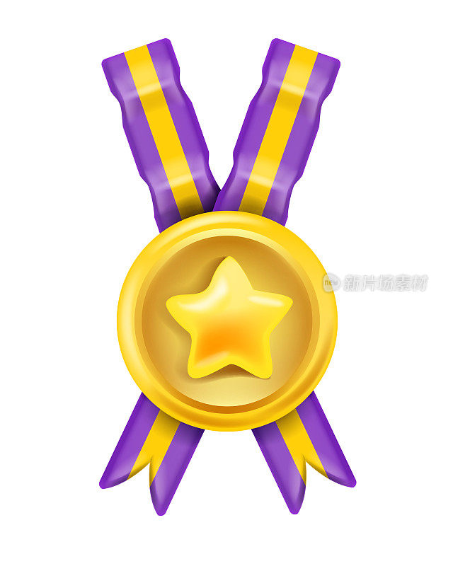 3D第一名奖章奖励图标，游戏赢家奖品徽章，丝带，矢量荣誉奖励奖杯硬币。3D金牌设计。