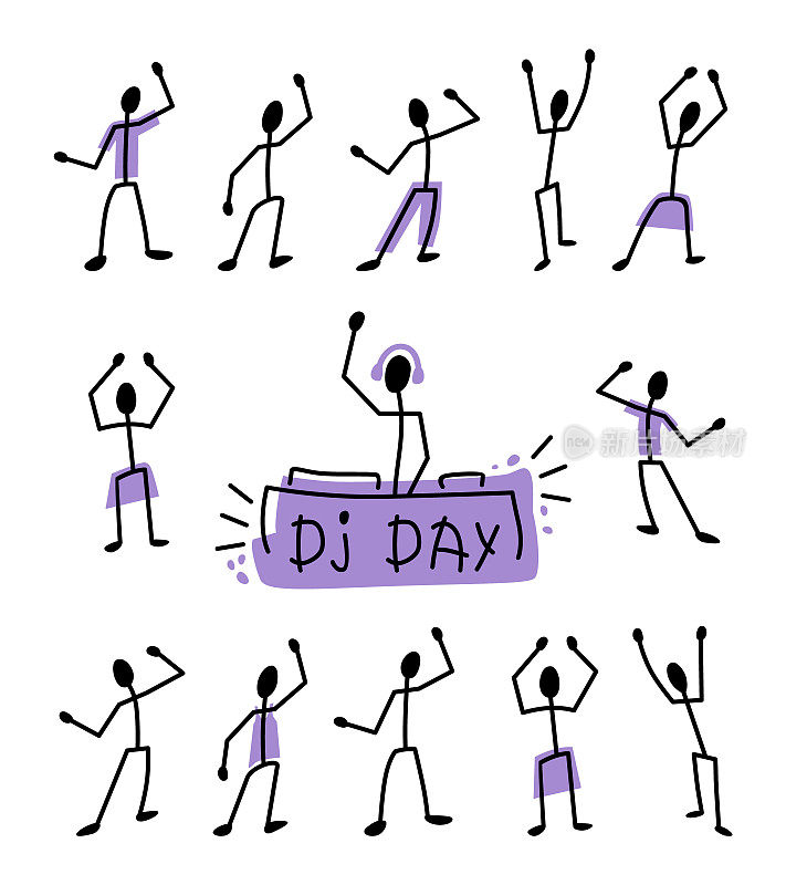 DJ。有趣的插图与舞蹈风格的人和dj。节日的概念。背景模板，横幅，明信片，海报与矢量插图。