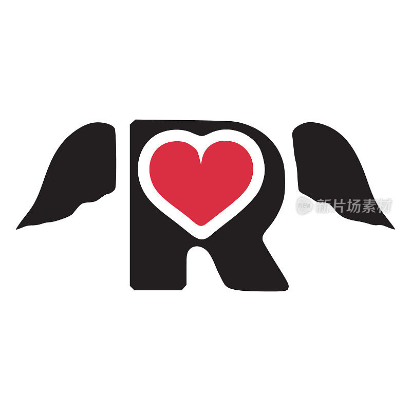 字母r与翅膀和心脏符号涂鸦图标