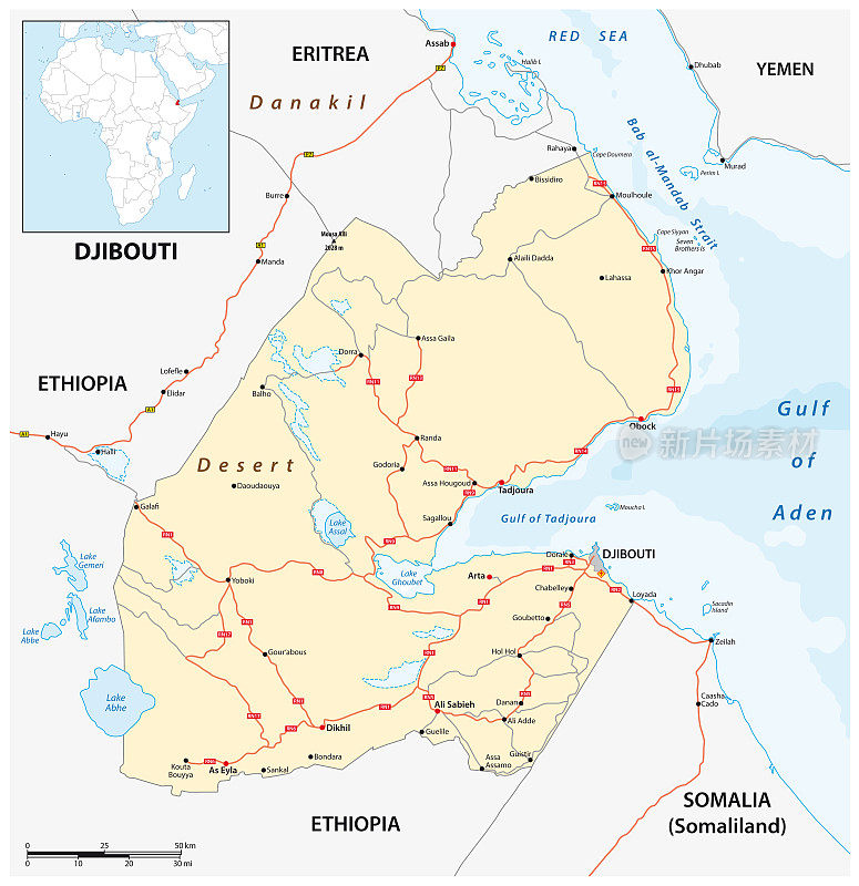 东非吉布提共和国矢量路线图
