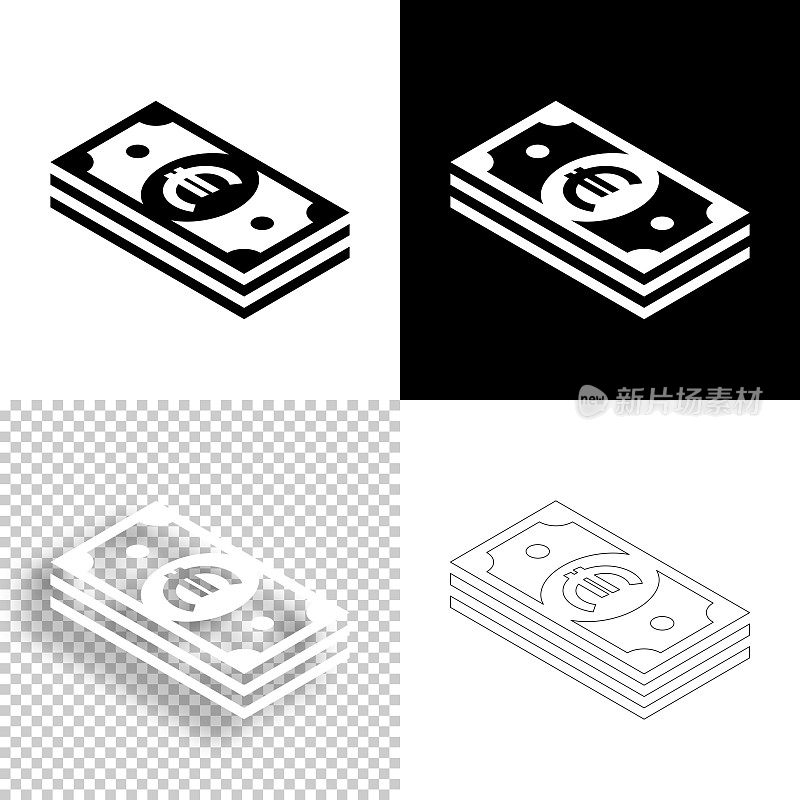 等距欧元纸币。图标设计。空白，白色和黑色背景-线图标
