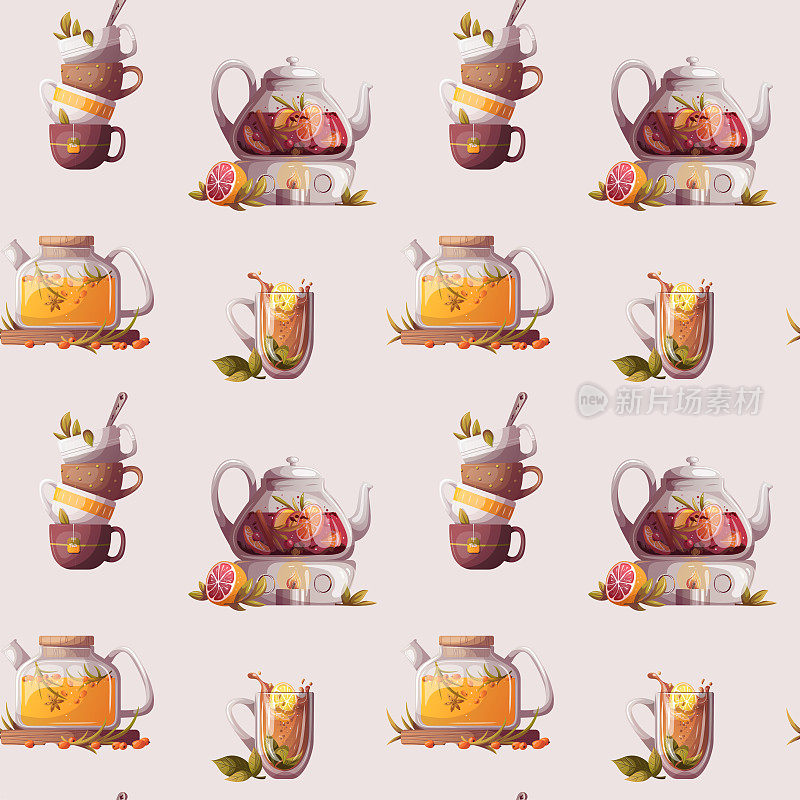 无缝图案与茶杯，茶壶，茶罐。