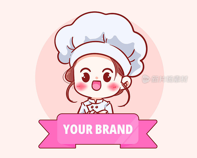 可爱的厨师女孩穿着制服微笑的角色和双臂交叉横幅餐厅标志卡通艺术插图