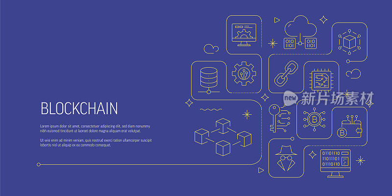 区块链相关矢量横幅设计概念，现代线条风格与图标