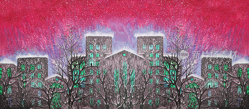 冬季新年插图艺术油画风景建筑街道白雪覆盖的树木和建筑物的背景下，飘落的白色雪和紫色的冬天的天空