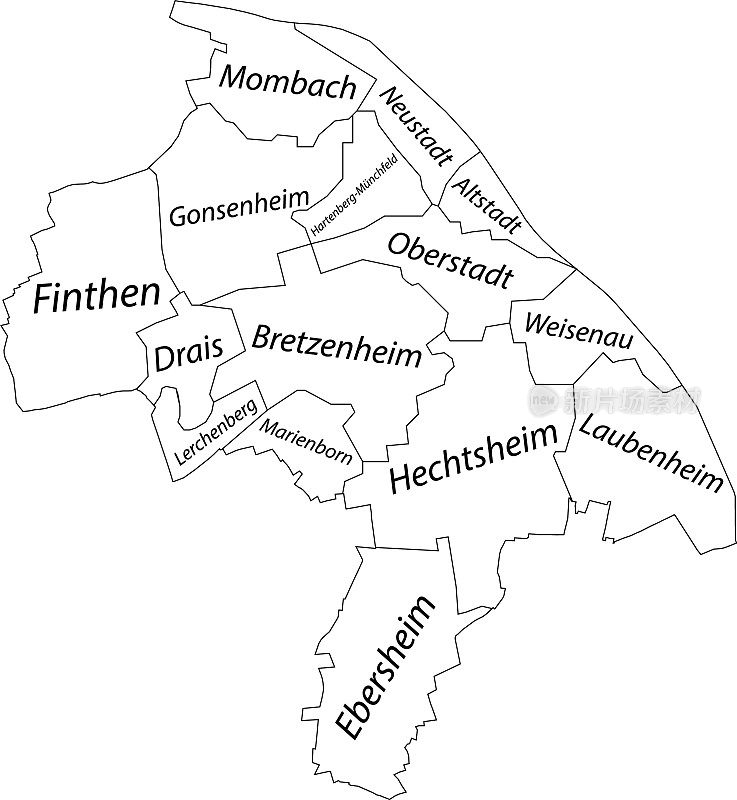 德国美因茨的白色标签区地图