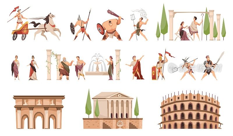 古代罗马。武器战士和平民，建筑纪念碑，圆柱和喷泉，竞技场和圆形剧场，历史人物的传统服装矢量卡通平面集