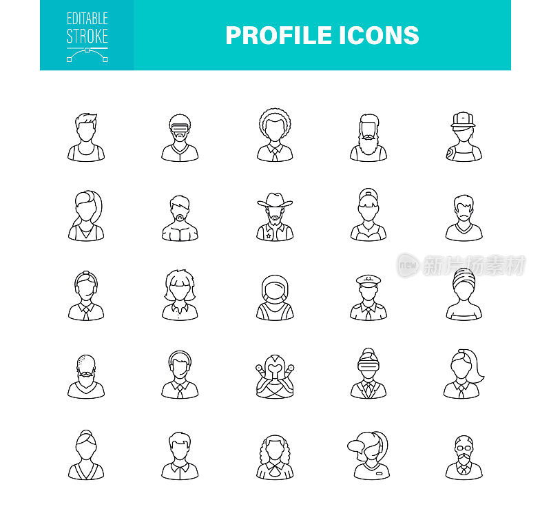配置文件图标可编辑的笔画。包含用户、社交媒体、会员、通讯、头像等图标