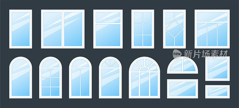 窗框。建筑玻璃房子。办公建筑。城市公寓的经典立面。家庭内部和现代外观。方形或拱形。向量构造元素集
