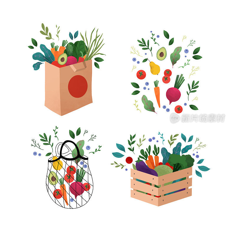 彩色矢量插图-木制盒子和杂货袋生蔬菜和水果。西红柿，鳄梨，茄子，甜菜根和绿色蔬菜。素食主义者的生活方式。非常适合超市，当地商店，送货，市场