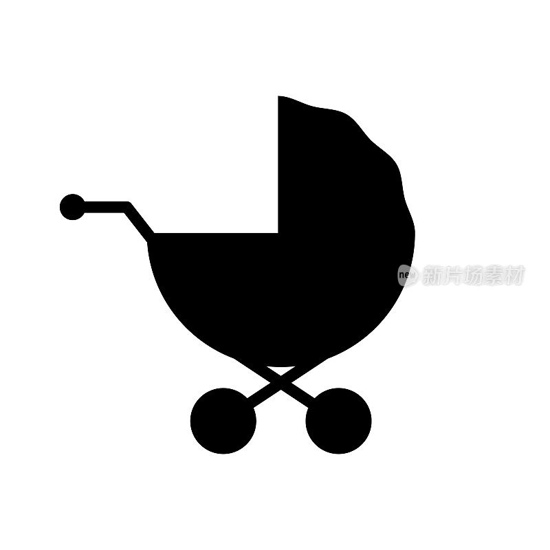 婴儿车黑色剪影图标。婴儿车象形文字。婴儿婴儿车孕妇公寓标志。新生儿护理童车符号。保姆手推车车轮标志。孤立的矢量图
