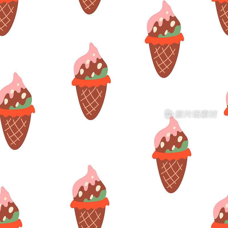 可爱的无缝图案搭配华夫蛋筒巧克力冰淇淋和圆点