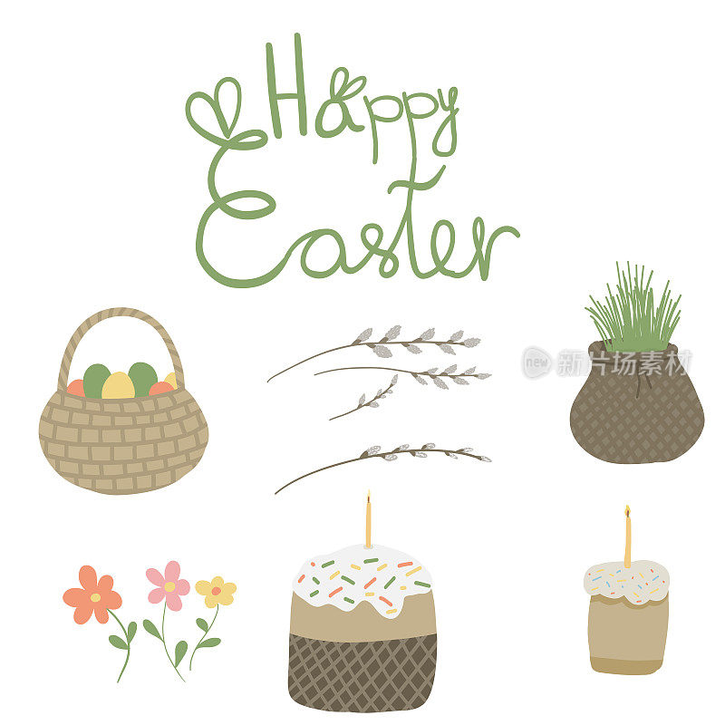 复活节快乐的树枝，草，蛋糕和鸡蛋