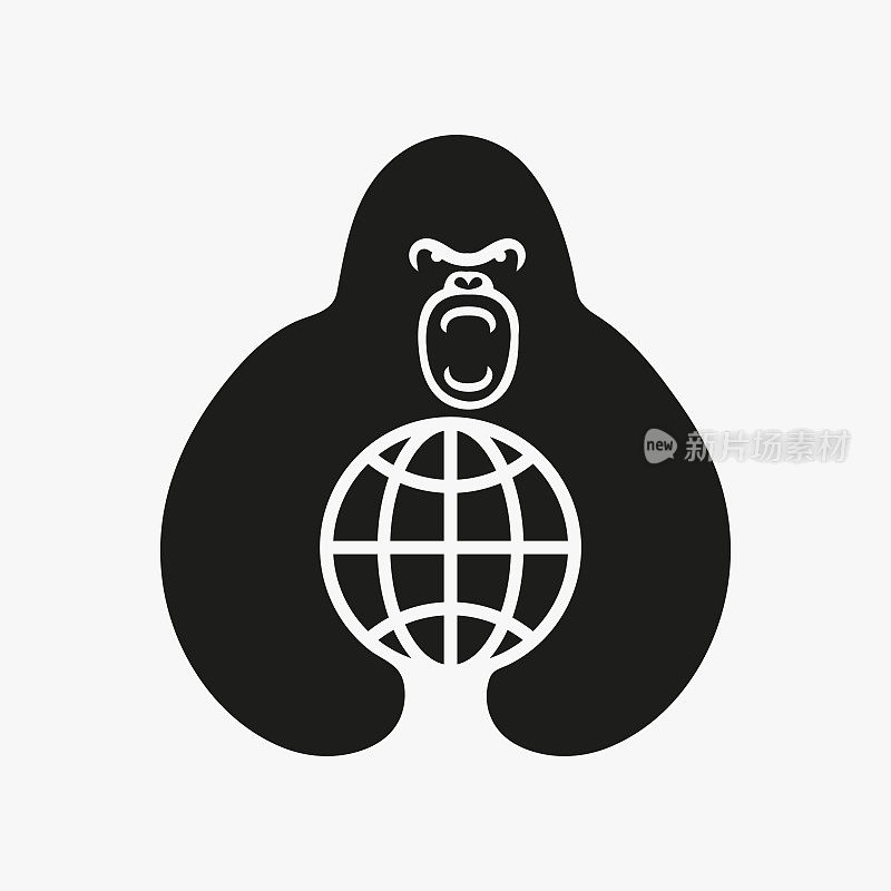 大猩猩世界标志负空间概念矢量模板。大猩猩手持世界标志