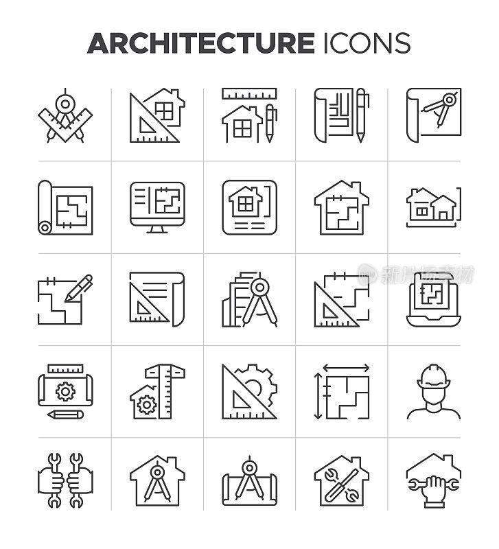 建筑图标集。建筑符号集合。建筑师，家居装修和建筑矢量