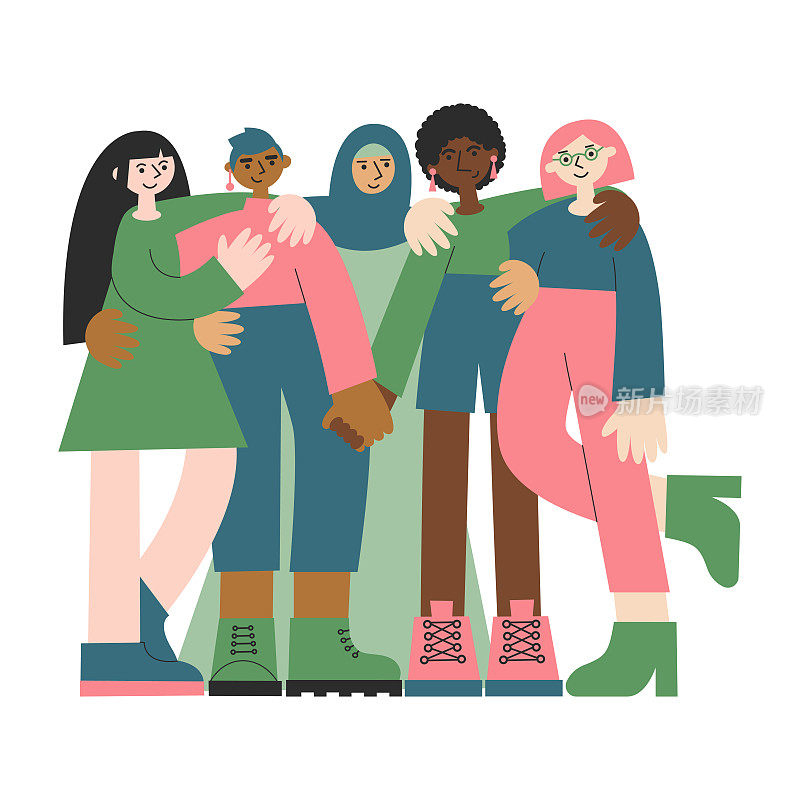 五个不同种族和宗教信仰的女人在一起拥抱。女孩的力量，多元化，包容，平等和权利的概念。国际妇女节平面矢量插图套装。