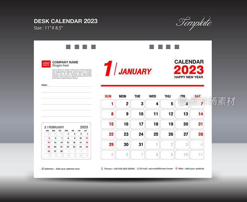 2023年1月模板-台历2023年模板，2023年挂历2023年，每周开始周日，记事本设计，文具设计，传单设计，印刷媒体，红色概念设计