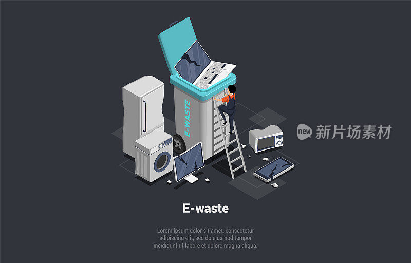 零浪费，再利用，环保，隔离和回收垃圾。角色收集和把电子垃圾扔进容器。回收电子废物及垃圾。等距三维矢量插图