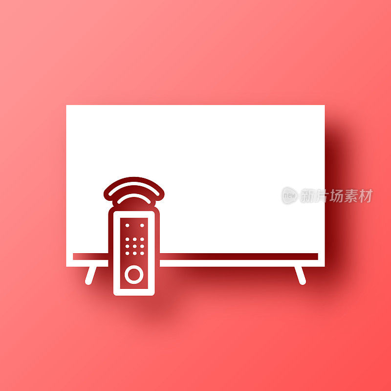 电视和遥控器。图标在红色背景与阴影