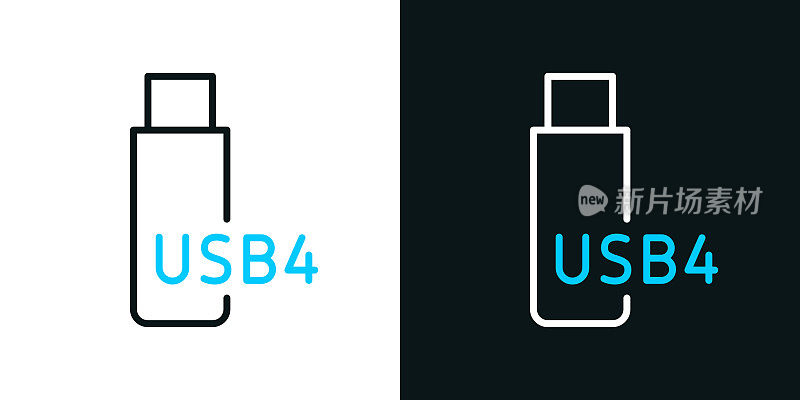 USB4闪存盘。黑色或白色背景上的双色线图标-可编辑的笔画