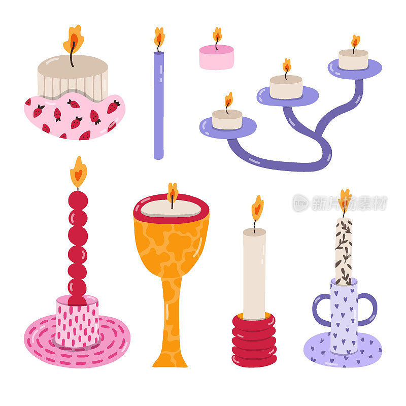 可爱的手工陶瓷烛台与彩色图案。斯堪的纳维亚家庭装饰的不同形状。70年代风格的时尚工艺烛台。手绘矢量涂鸦