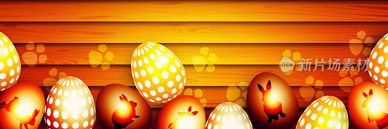 抽象的木制背景上有兔子脚印的复活节彩蛋。现实主义风格的节日宣传海报。